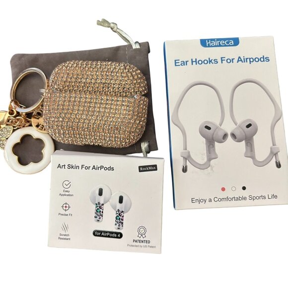 AirPod Pro 2nd Gen Bundle Rhinestone Case Leopard Decals Anti Slip Ear Hooks - Picture 1 of 10